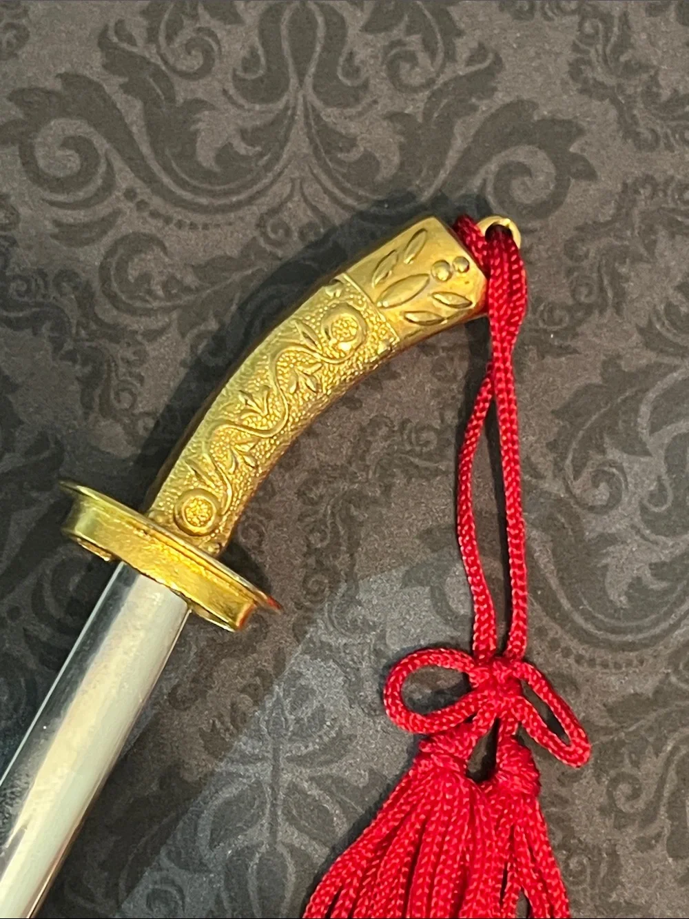 Decorative Gold-Tone Mini Scimitar Letter Opener with Red Tassel